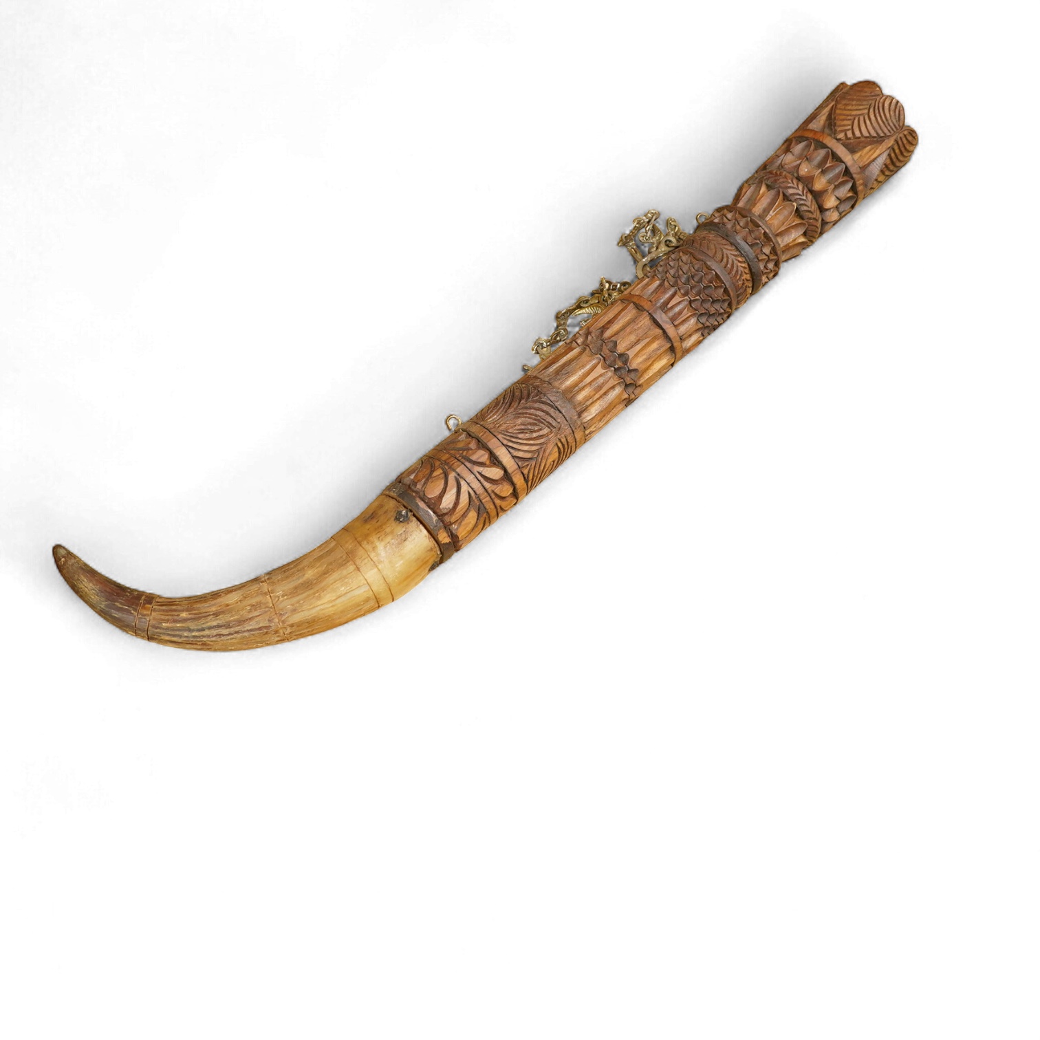 An African carved wood and cow-horn oliphant, 90cm